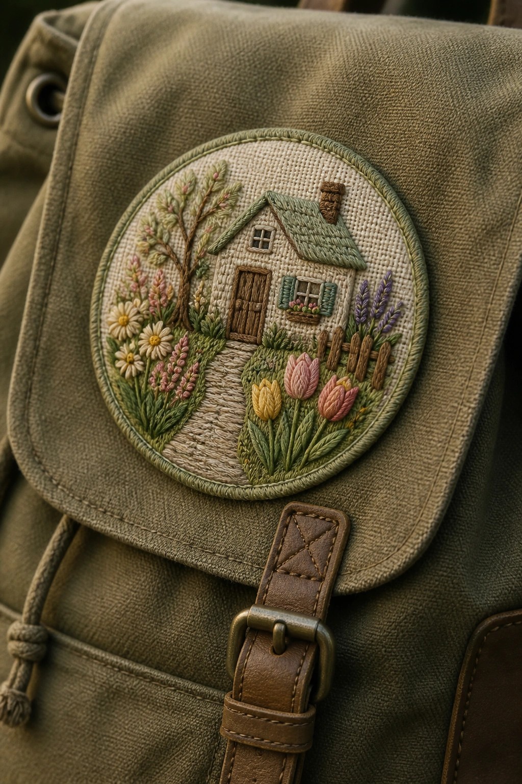 Circular embroidered patch of a cottage and garden sewn onto a green canvas bag.