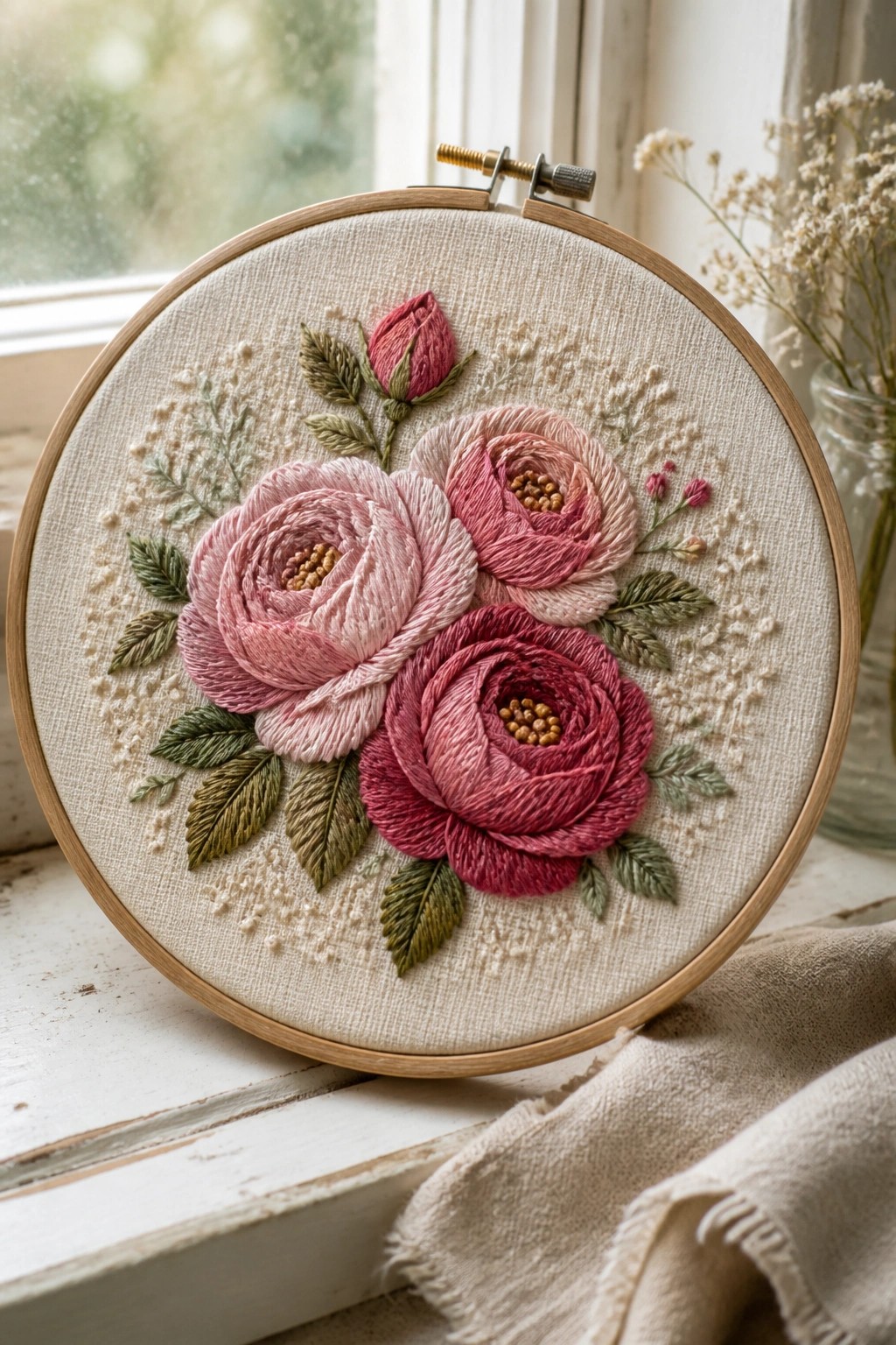Wooden hoop with pink and red embroidered roses on beige fabric by window