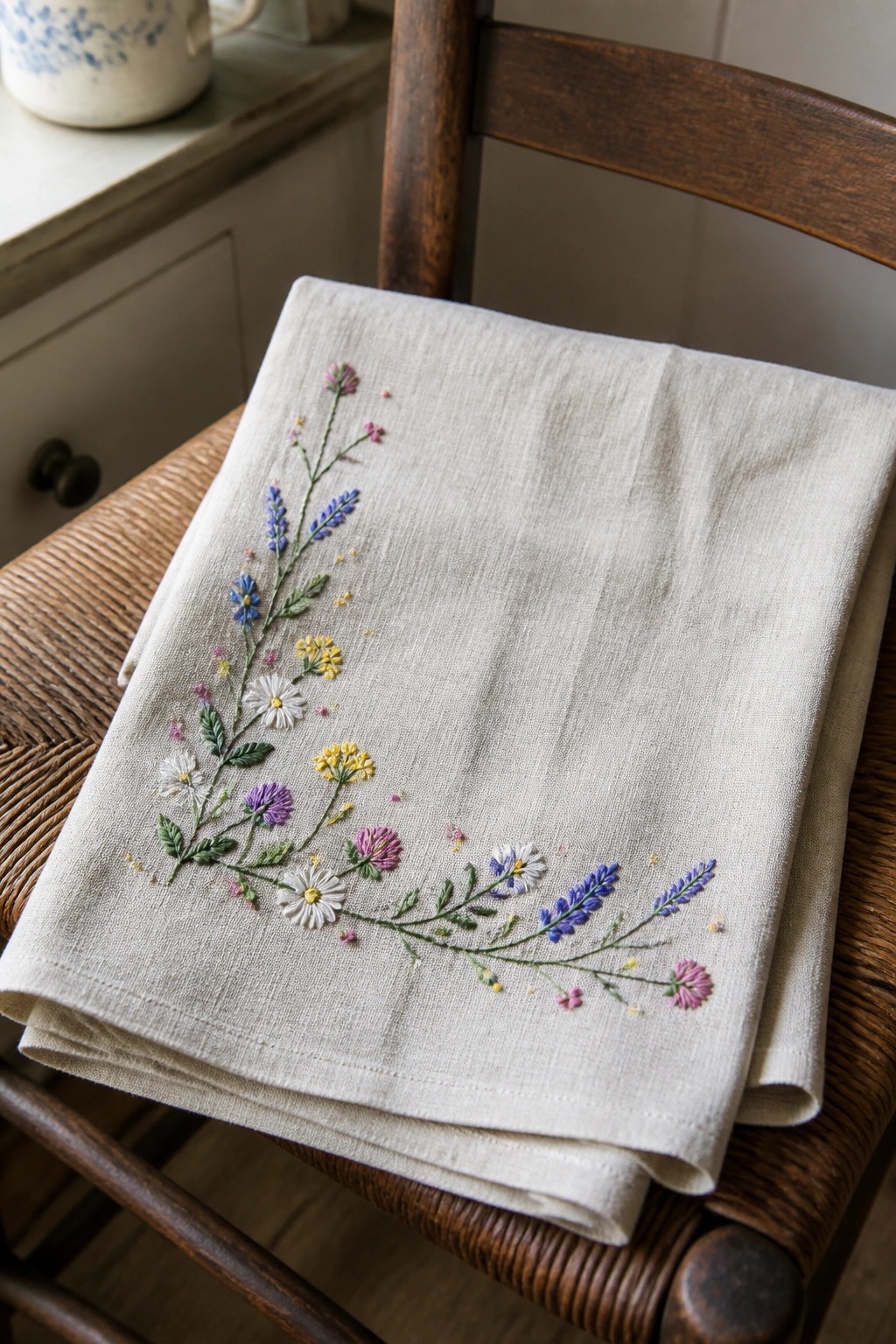 Embroidered linen cloth with colorful wildflowers folded on wooden chair