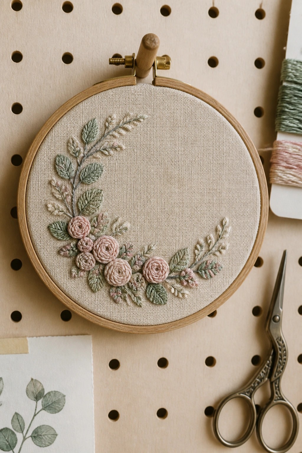 Wooden embroidery hoop with pink roses and sage green leaves on beige fabric