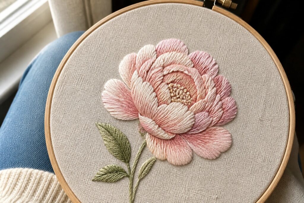 Embroidery of a pink peony with layered petals, a beaded center, and green leaves in a wooden hoop.