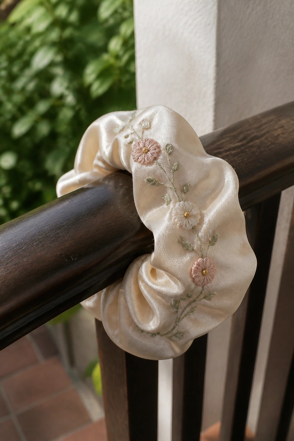 Cream satin scrunchie with pink floral embroidery on dark wooden railing.