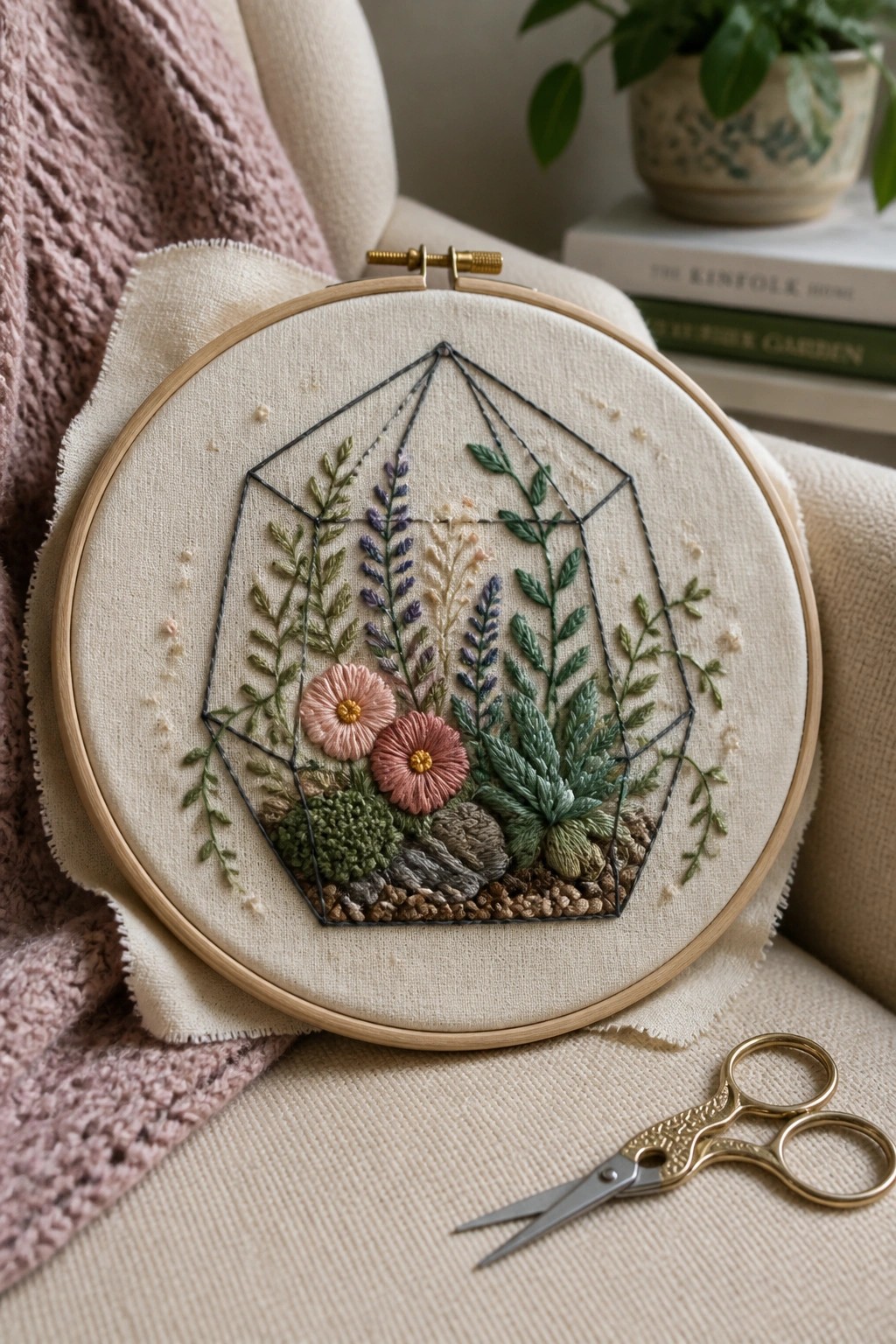 Embroidered terrarium hoop with pink flowers, green plants, and gold scissors nearby.
