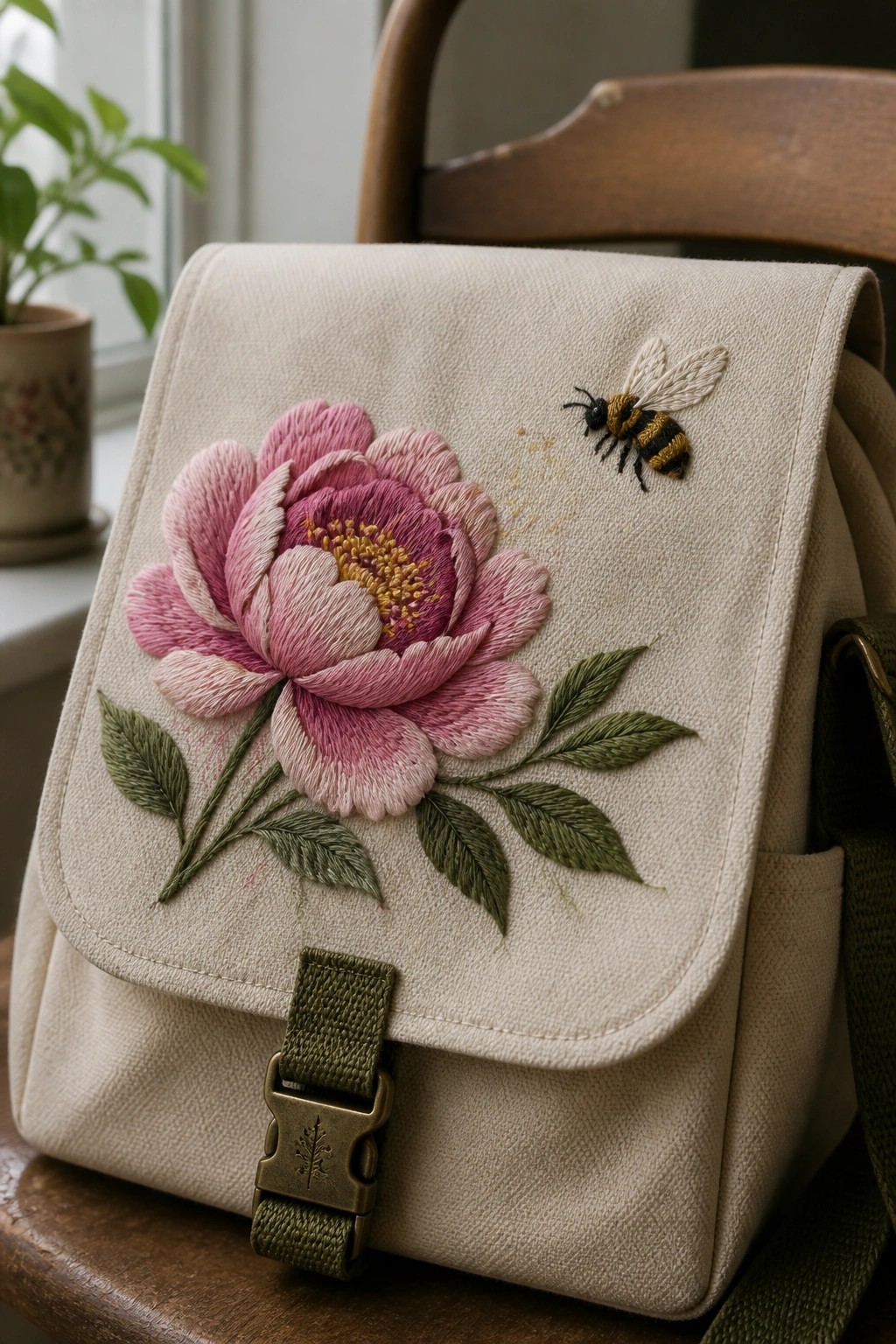Beige canvas bag flap with large pink embroidered peony, green leaves, and a small bee above it.