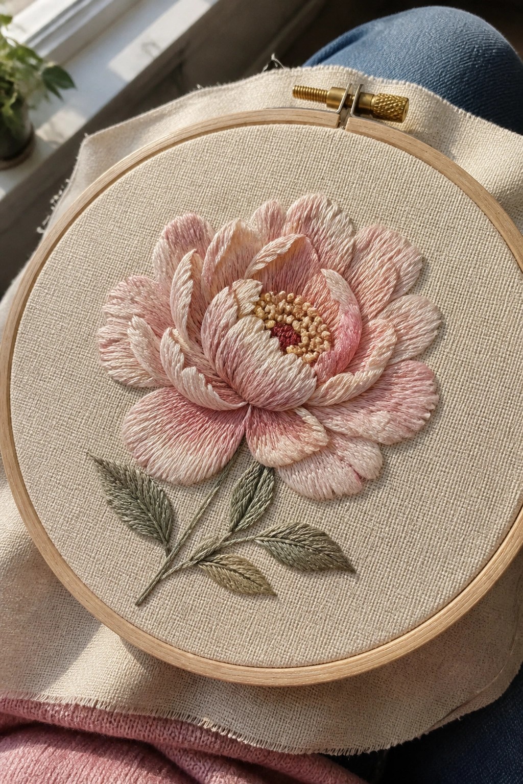 Embroidery of a pink peony with layered petals, a beaded center, and green leaves in a wooden hoop.
