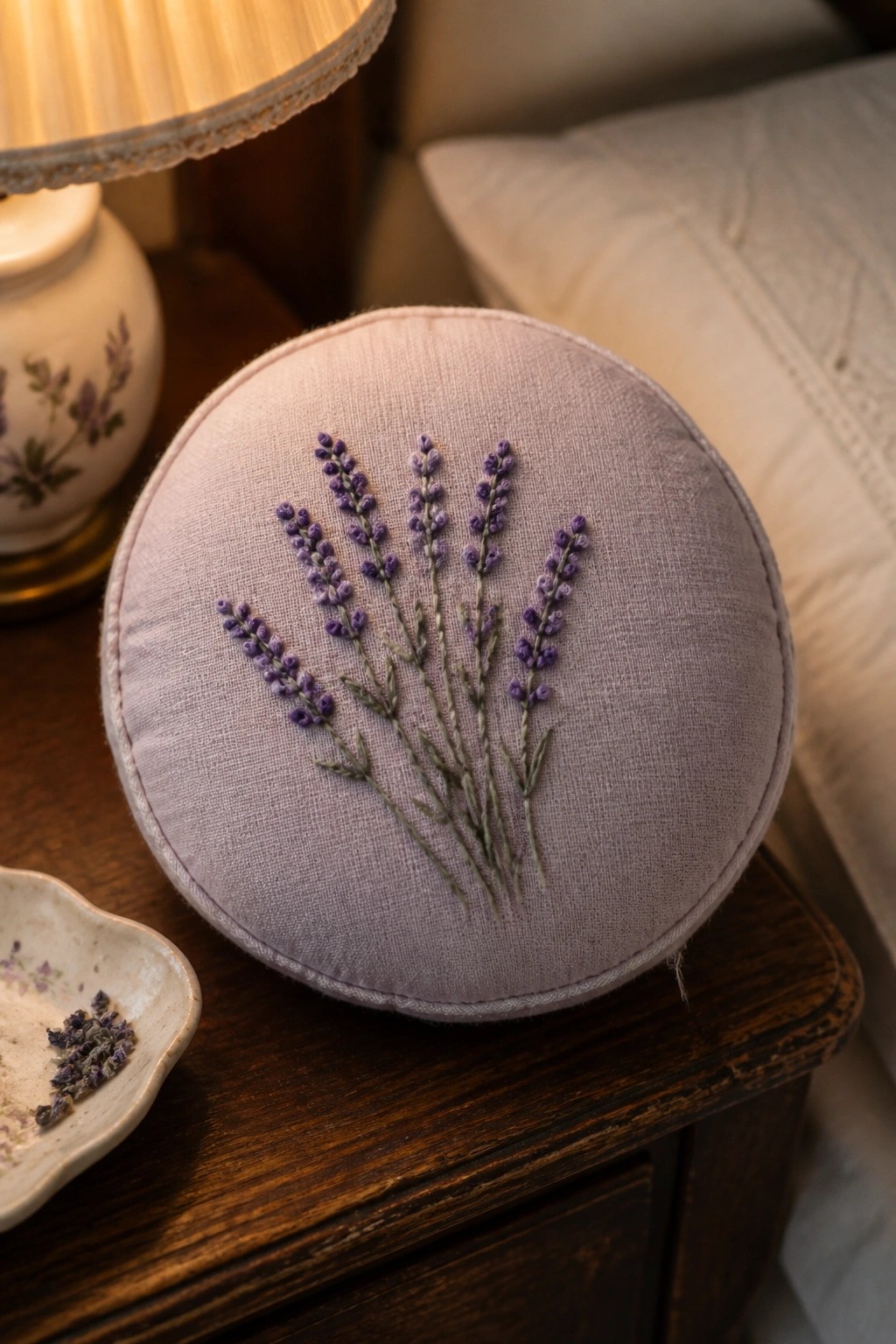 Embroidered lavender sprigs on round purple cushion atop wooden nightstand