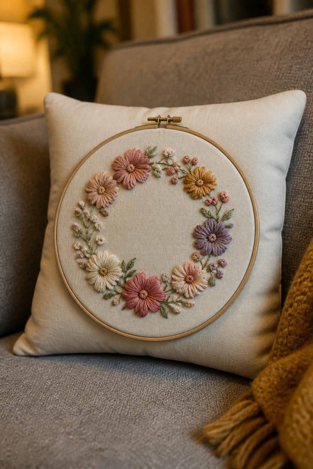 Colorful floral embroidery hoop resting on a white couch pillow.