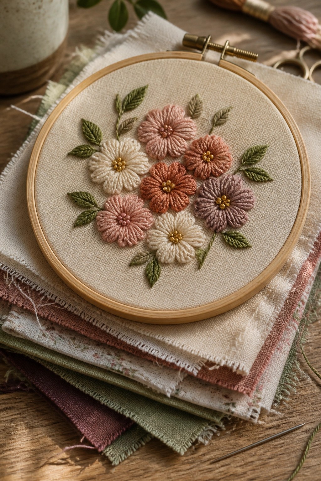 Floral embroidery in pink, peach, white, and green inside wooden hoop on fabrics