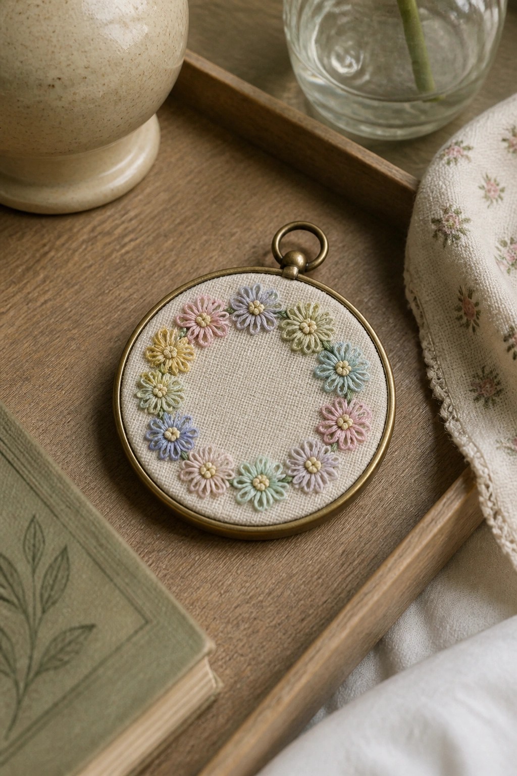 A small brass hoop displays a circle of pastel daisy flowers stitched on beige fabric.