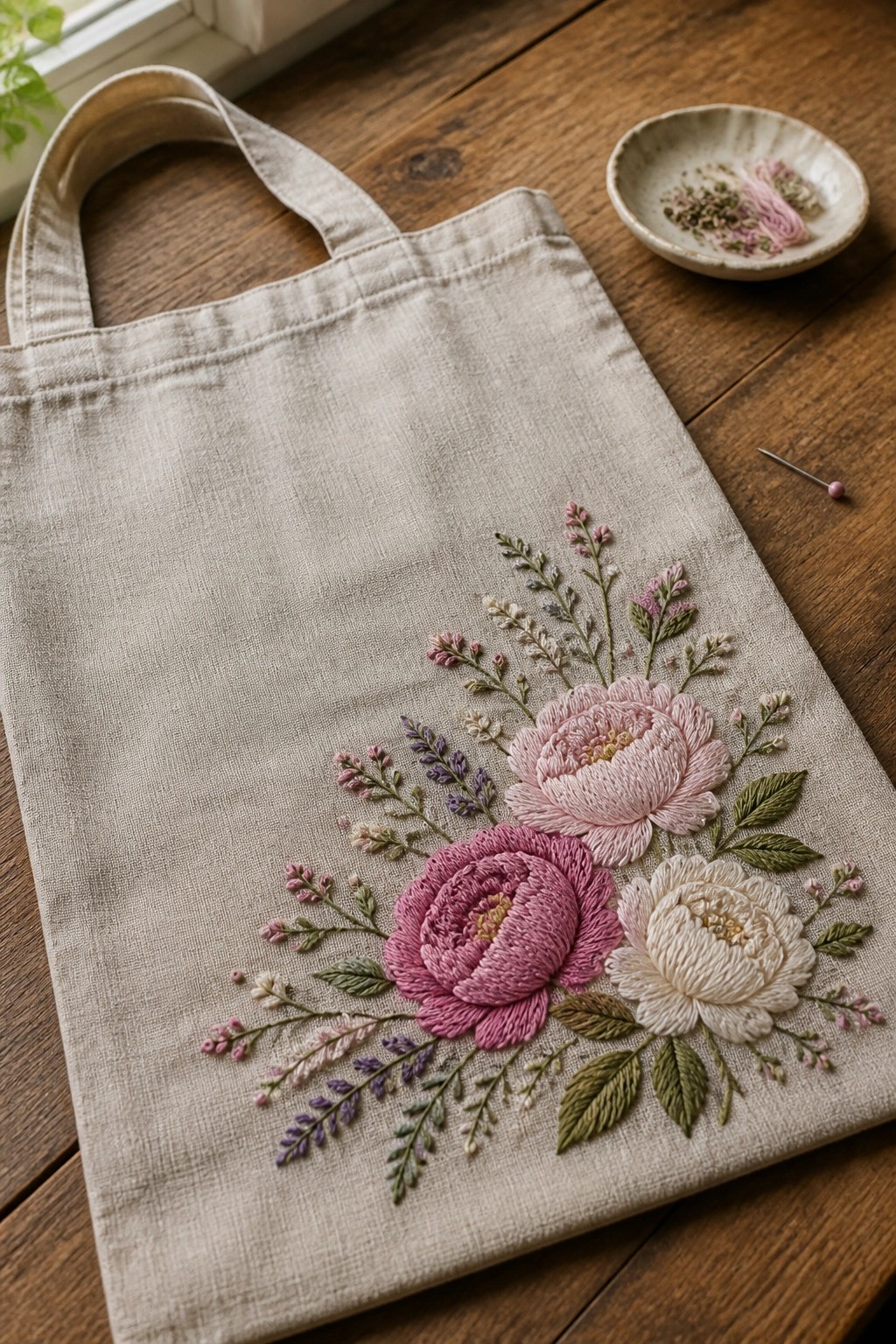 Embroidered beige tote bag with pink peonies on wooden table with needle and thread.