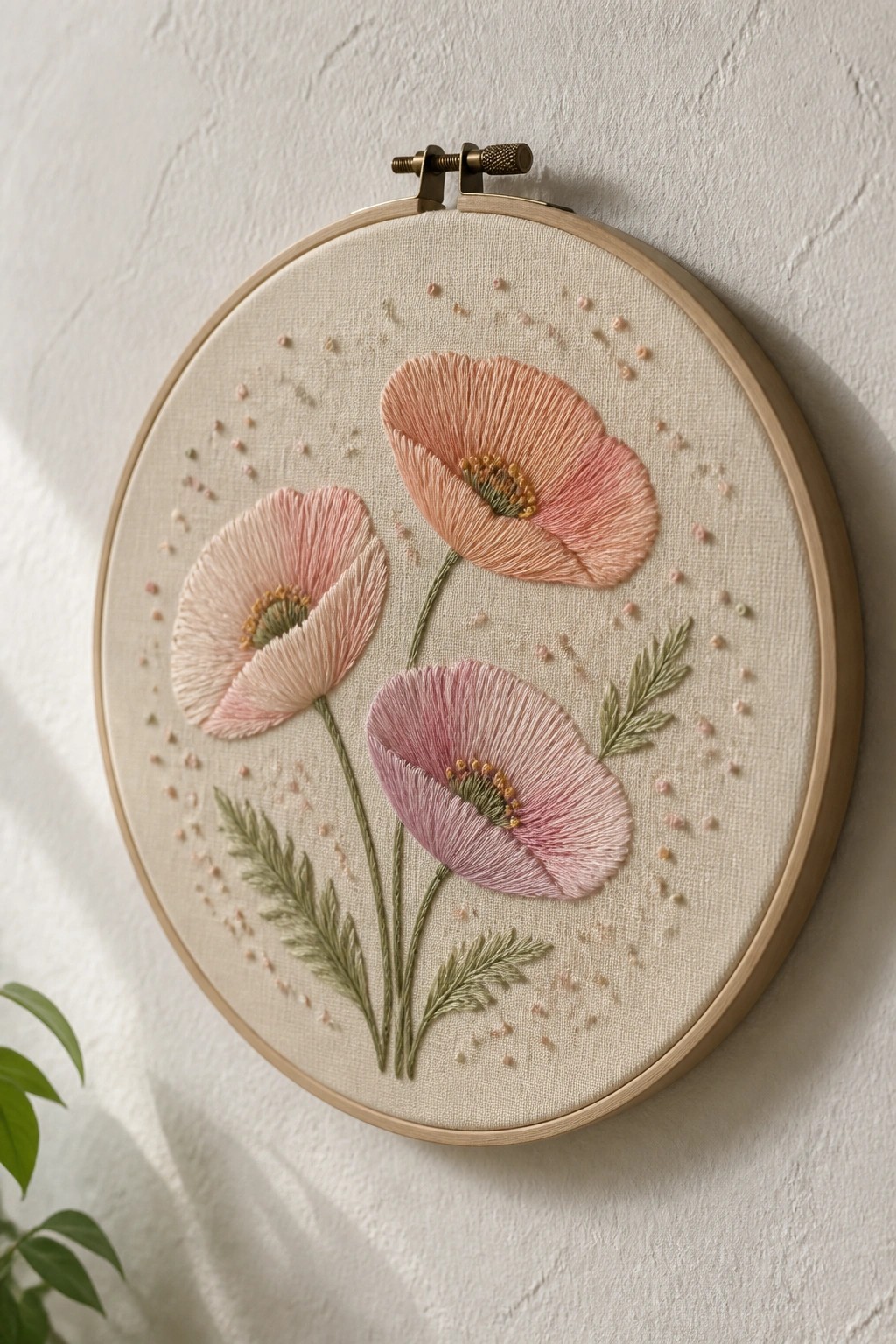 Three pink embroidered poppies with green leaves in a wooden hoop on a white wall.