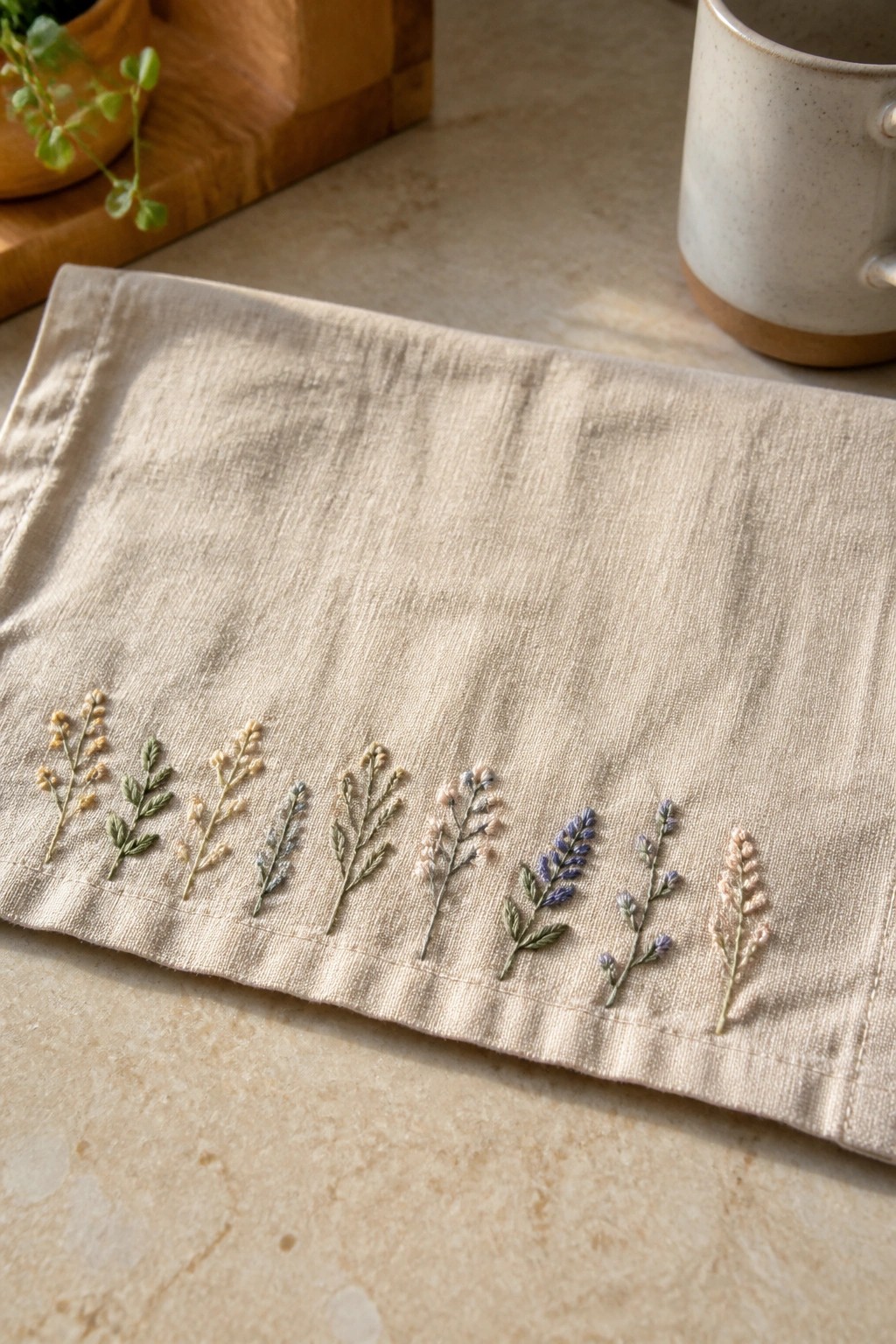 Beige linen napkin with colorful wildflower embroidery on marble counter