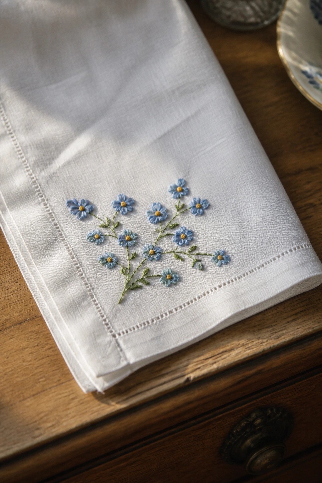 White linen napkin with blue floral embroidery on wooden table beside teacup.
