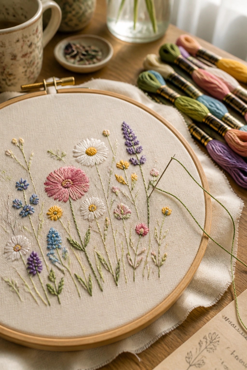 Embroidery hoop with colorful wildflowers, needle, and threads on wooden table