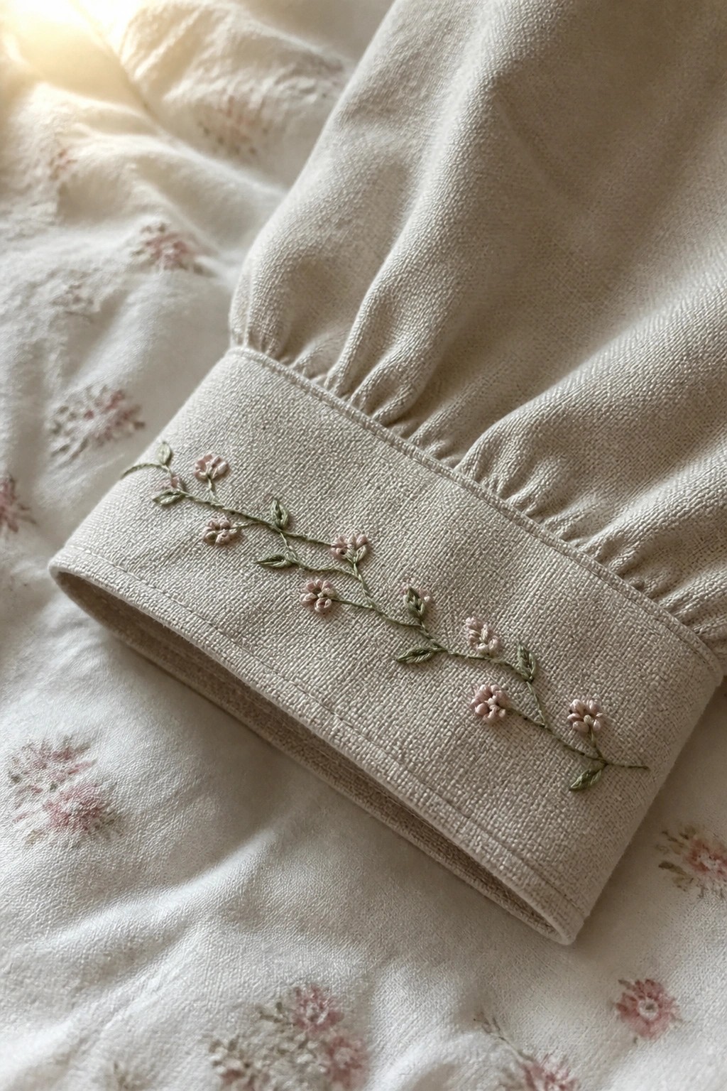 Close-up of a beige fabric cuff with a line of small pink embroidered flowers and green leaves along the edge, lying on a white floral background fabric.