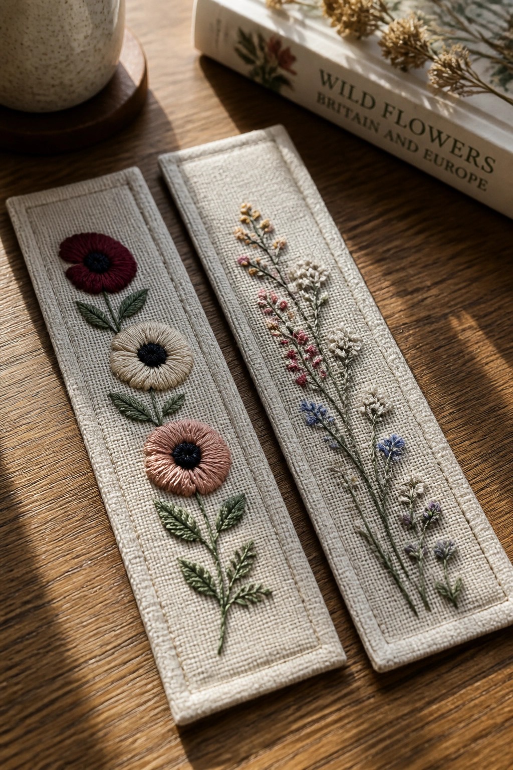 Two rectangular linen bookmarks with floral embroidery rest on a wooden table beside a book and mug, one with three stacked flowers and the other with multiple wildflower stems.