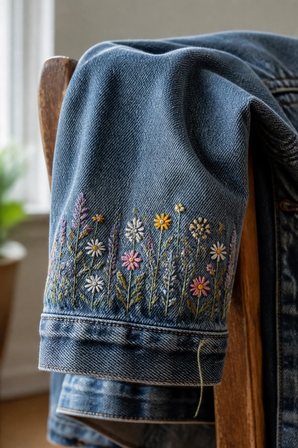 Close-up of blue denim cuff with rows of small colorful wildflower embroidery in pink, yellow, white, and purple.