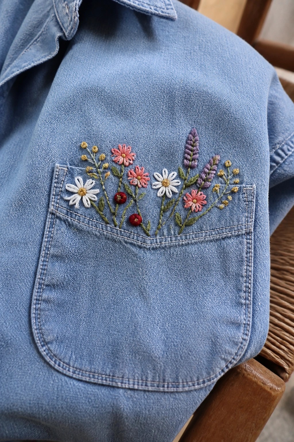 Close-up of floral embroidery with daisies, pink flowers, lavender, and small yellow blooms on the pocket of a light blue denim jacket.