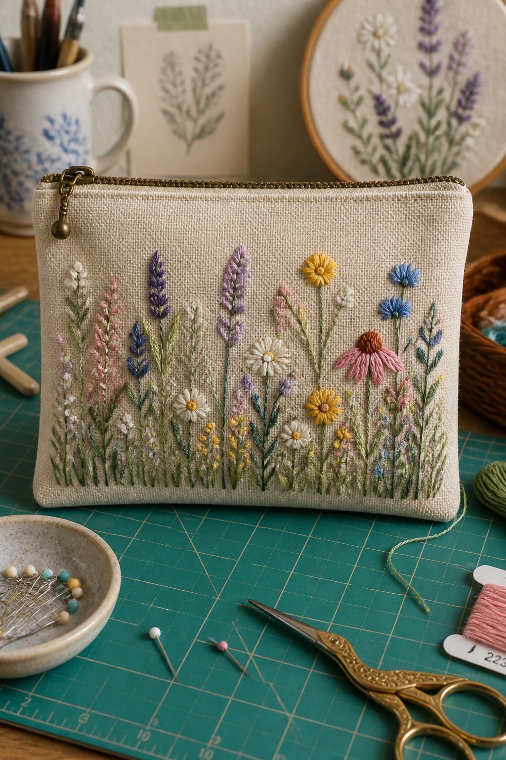 Embroidered floral pouch on green cutting mat with scissors, pins, and thread.