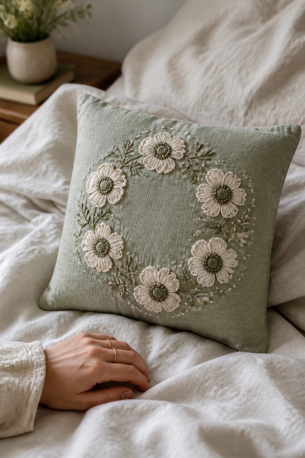 A sage green pillow with a circular wreath of cream embroidered flowers and green leaves resting on white bedding.