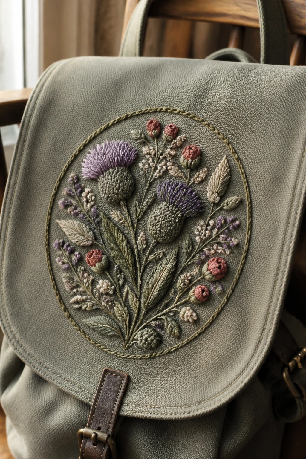 Sage green canvas bag with circular embroidery of purple thistles and wildflowers