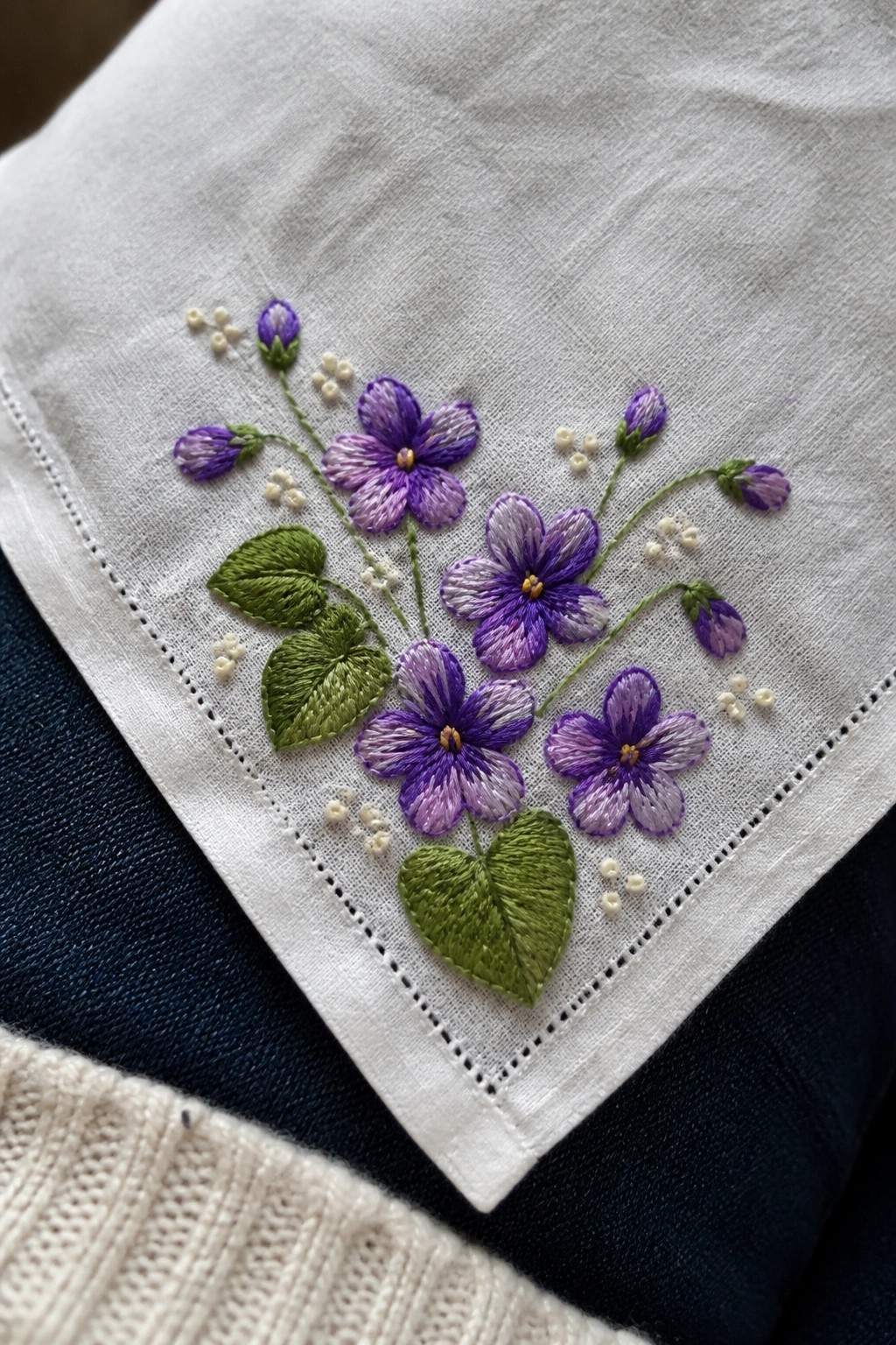 White handkerchief embroidered with purple flowers, buds, and green leaves.