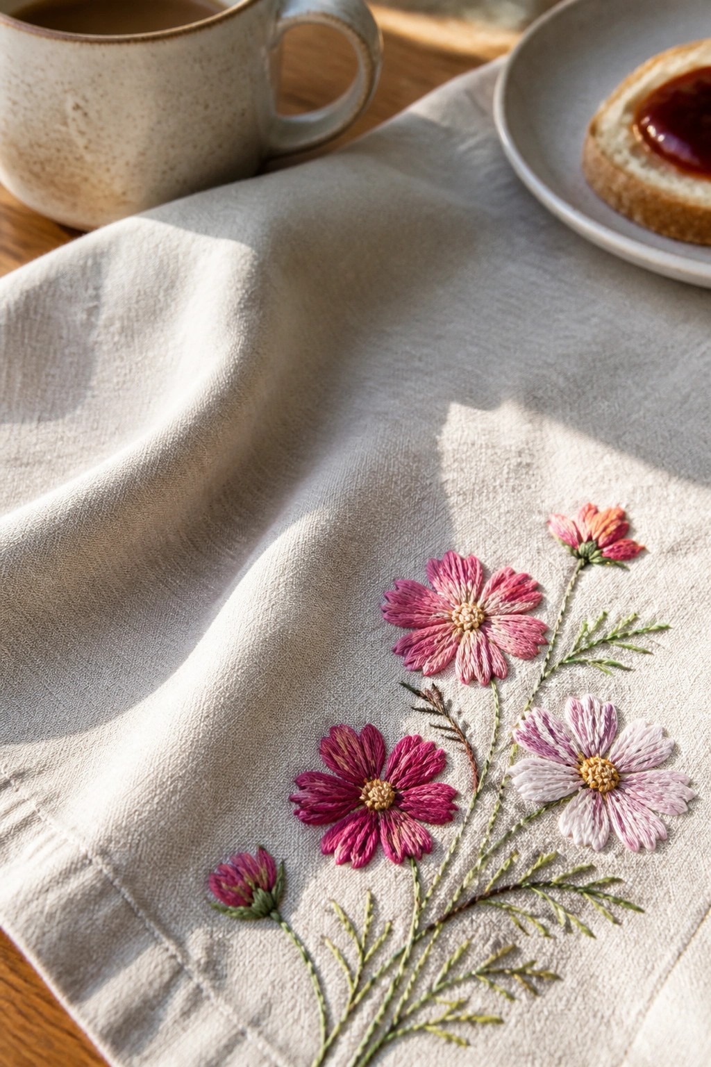 Embroidered pink cosmos flowers on beige linen beside ceramic mug and toast