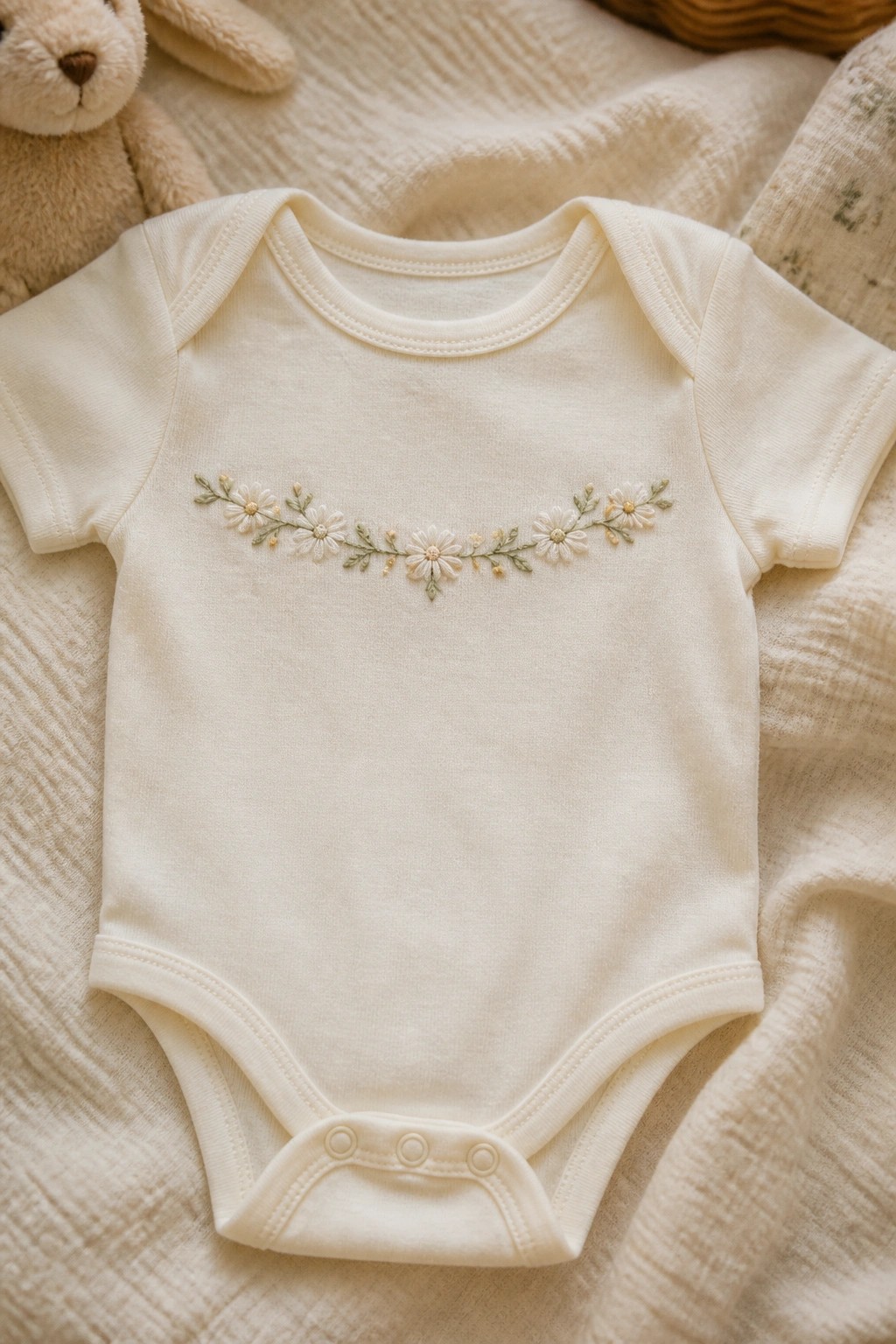 A cream baby onesie with a horizontal embroidered daisy garland across the chest.