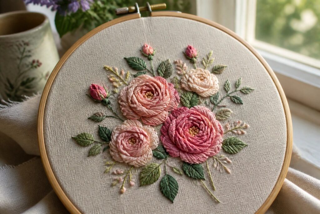 24 Gorgeous Hand Embroidery Ideas Focused on Flowers, Texture, and Fine Details Embroidery hoop with pink and peach roses, smaller flowers, buds, and green leaves on beige fabric.