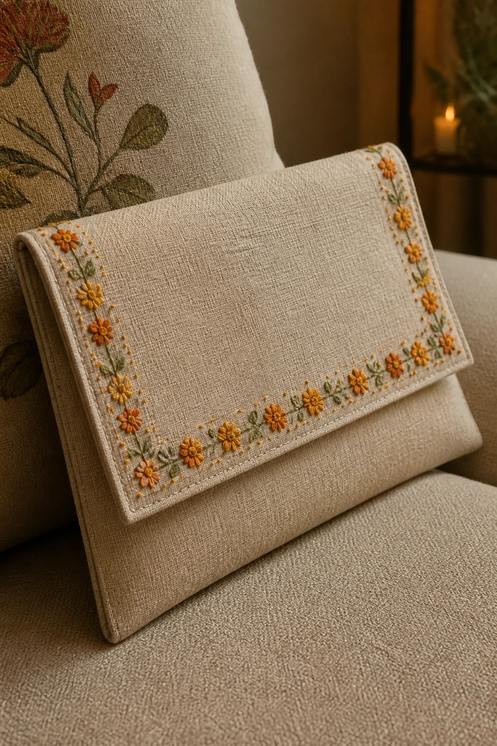 A beige linen clutch with orange and yellow floral embroidery along its folded edges rests on a matching fabric chair.