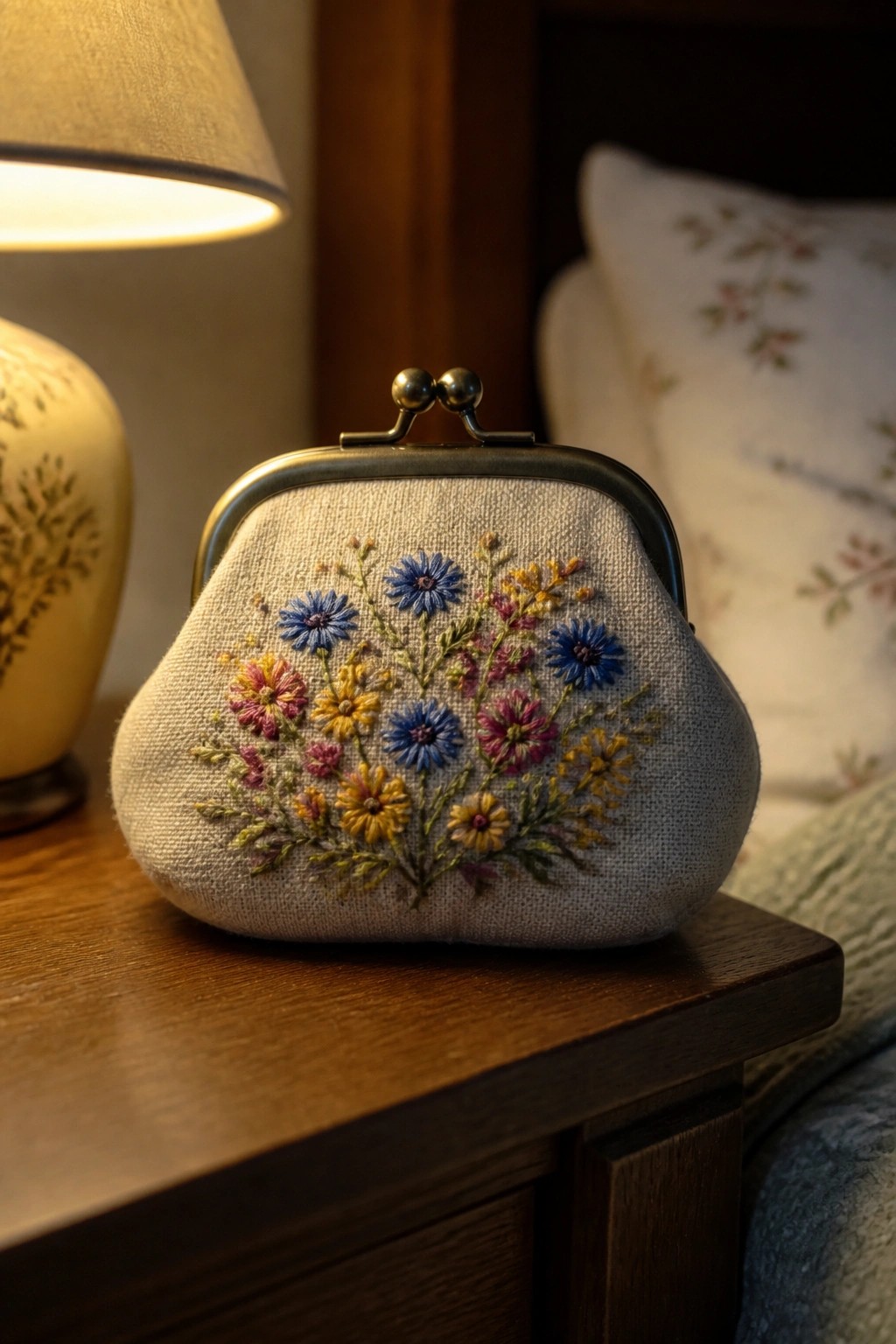 A small beige fabric coin purse with colorful embroidered flowers sits on a wooden table beside a lamp.