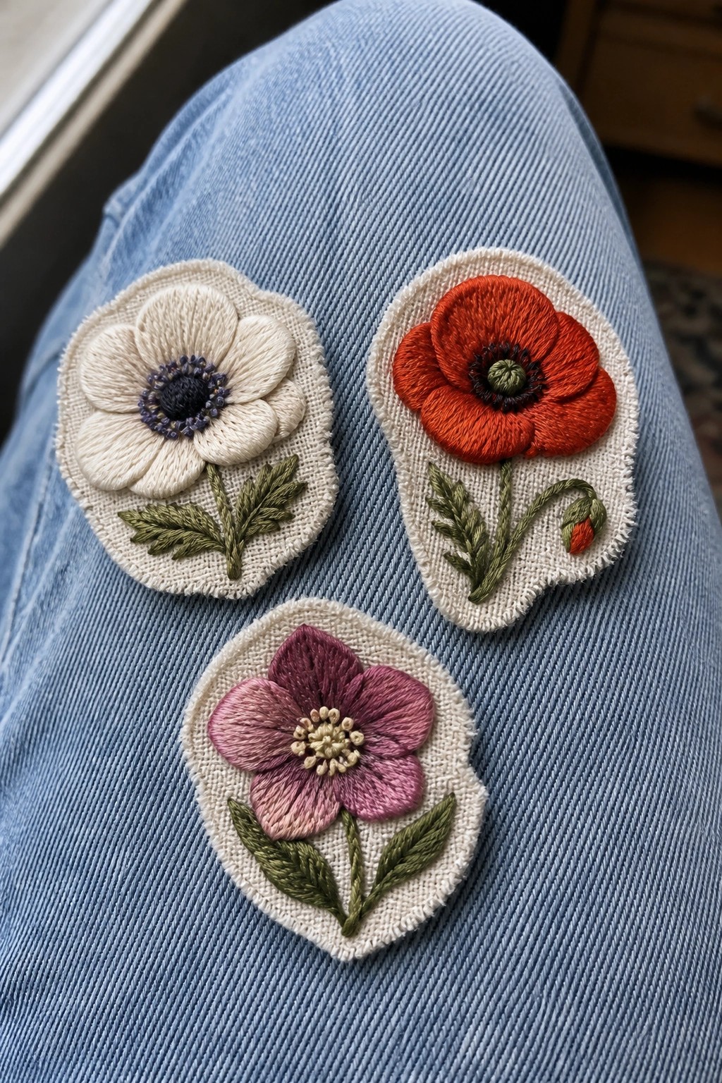 Three embroidered floral patches on light blue denim jeans.