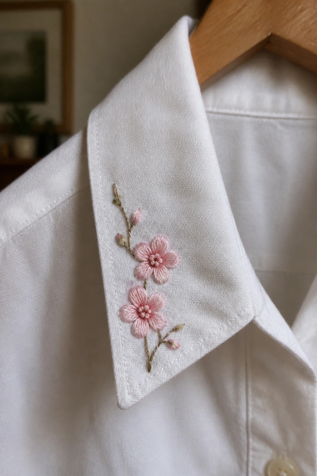 White shirt collar with delicate pink floral embroidery on wooden hanger.