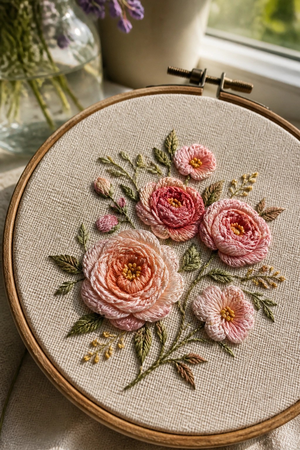 Embroidery hoop with pink and peach roses, smaller flowers, buds, and green leaves on beige fabric.