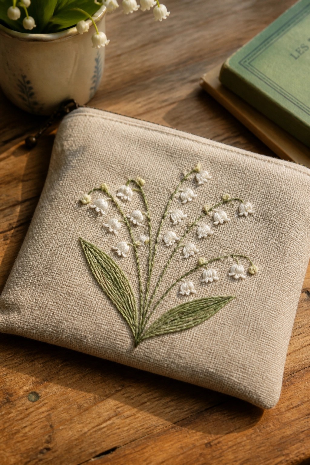 Embroidered beige pouch with white lily of the valley flowers on wooden table