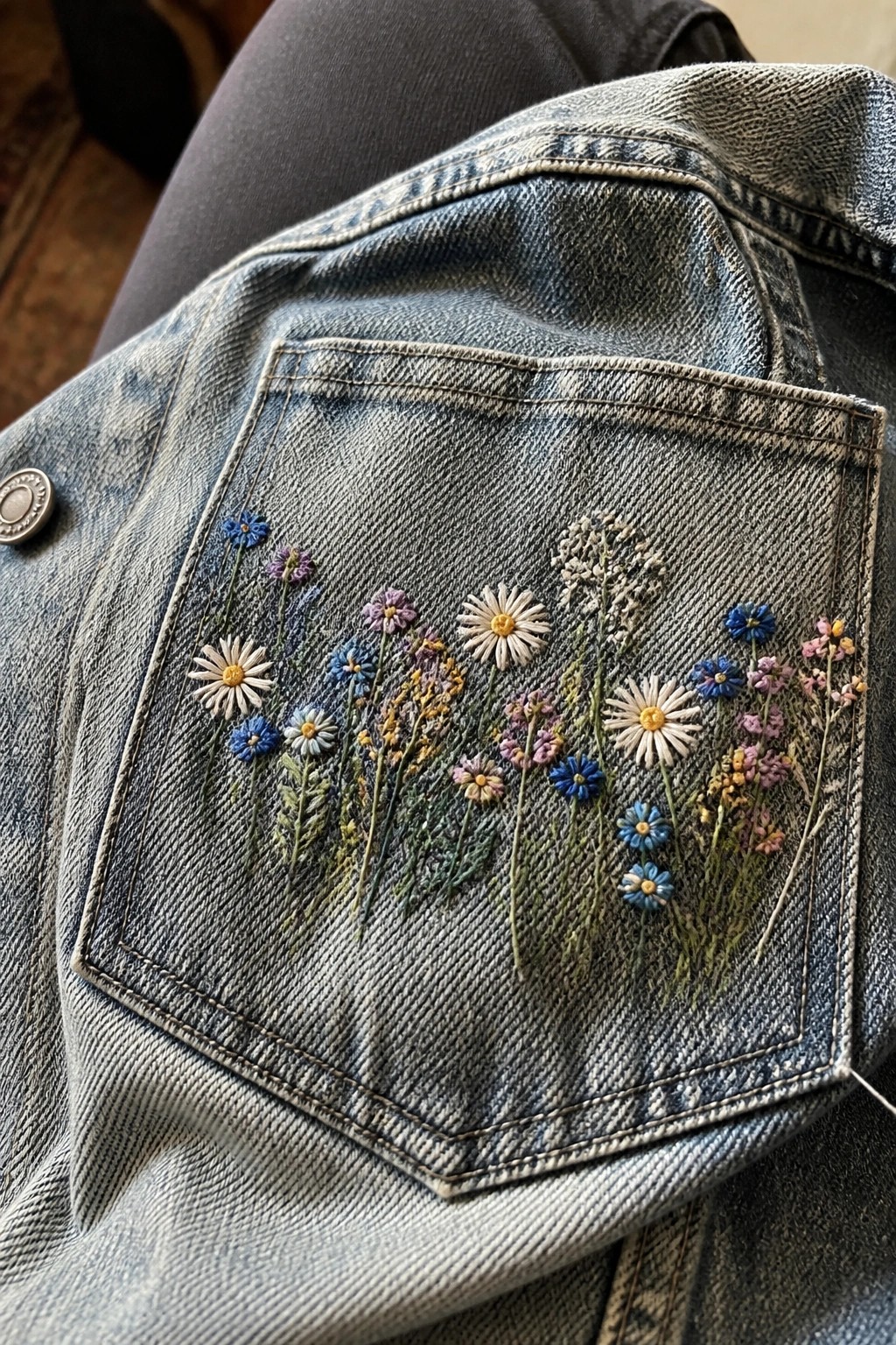 Close-up of blue denim jacket pocket with colorful wildflower embroidery in white, blue, purple and yellow.