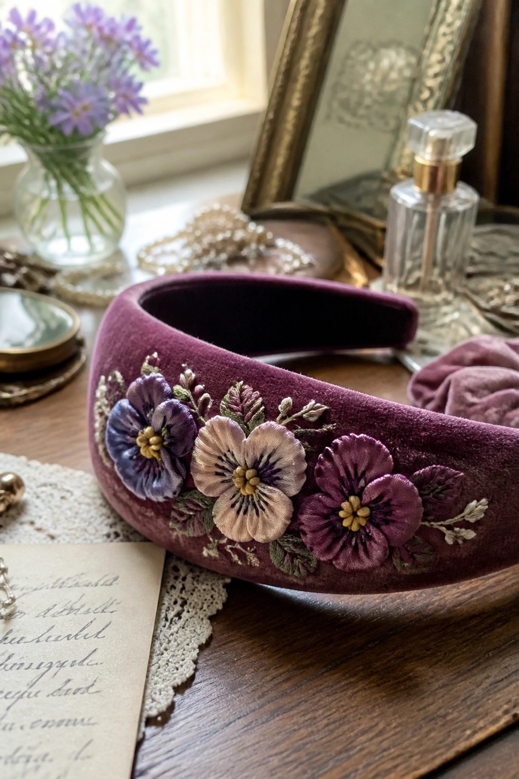 Purple velvet headband with embroidered floral details on wooden vanity with vintage items