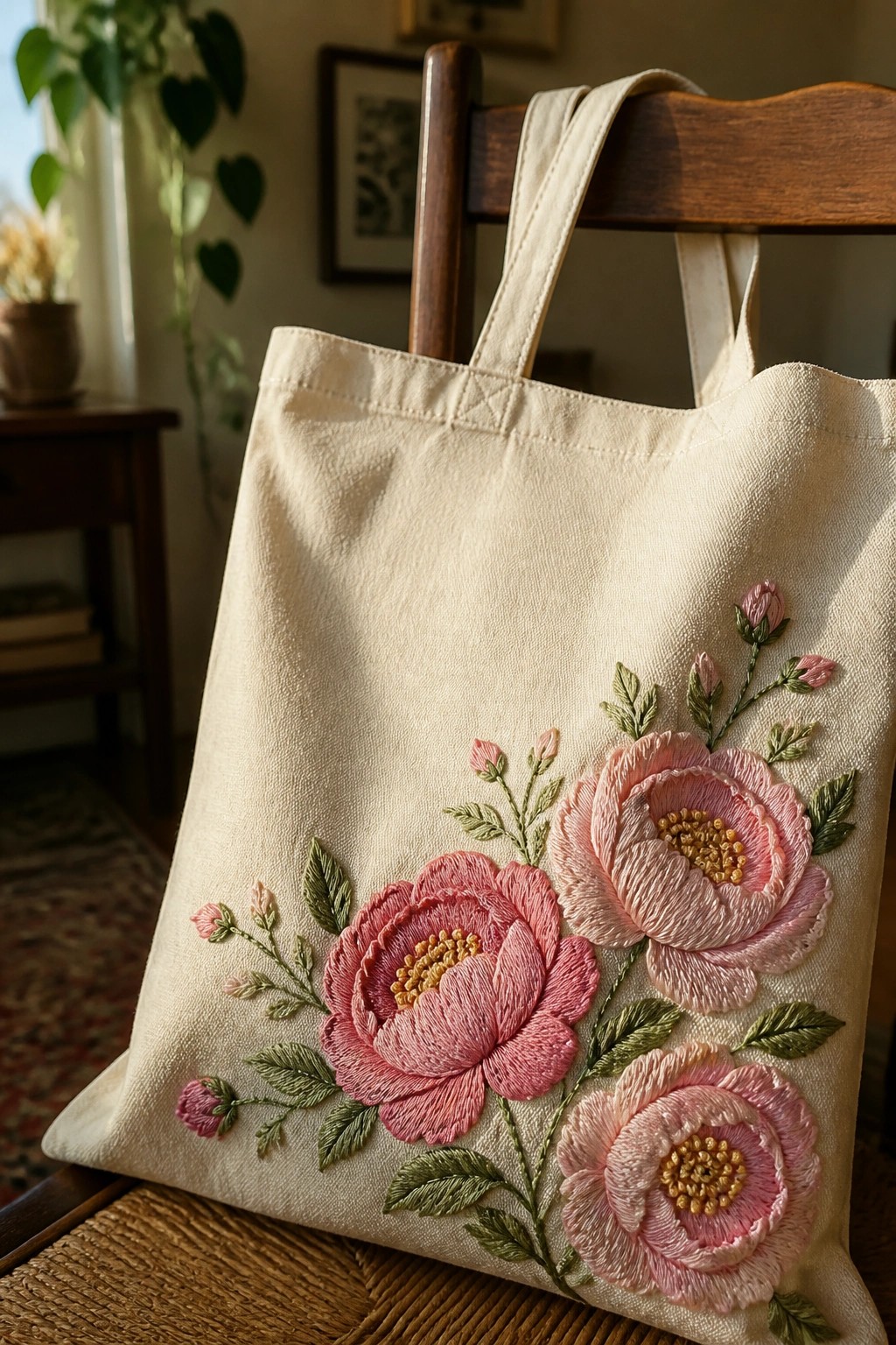 Cream tote bag with pink floral embroidery on wooden chair.