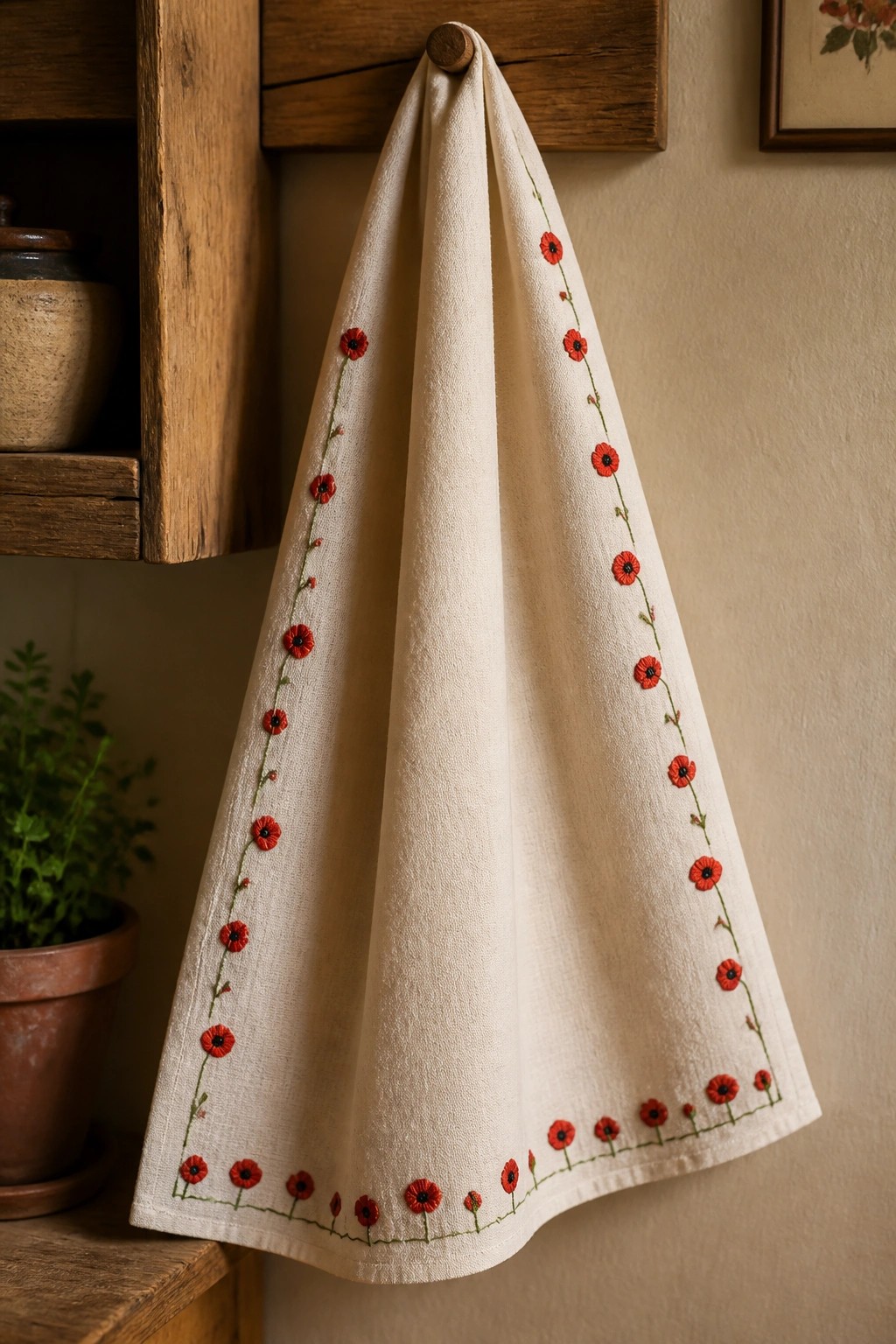 Cream linen towel with red poppy embroidery hanging on wooden hook