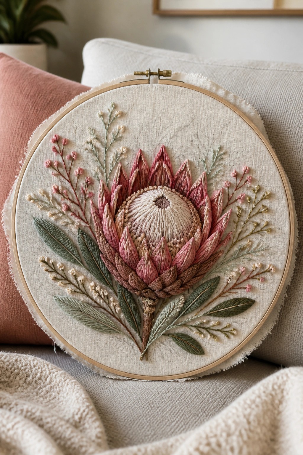 Embroidery hoop with pink protea flower and green foliage on beige fabric.