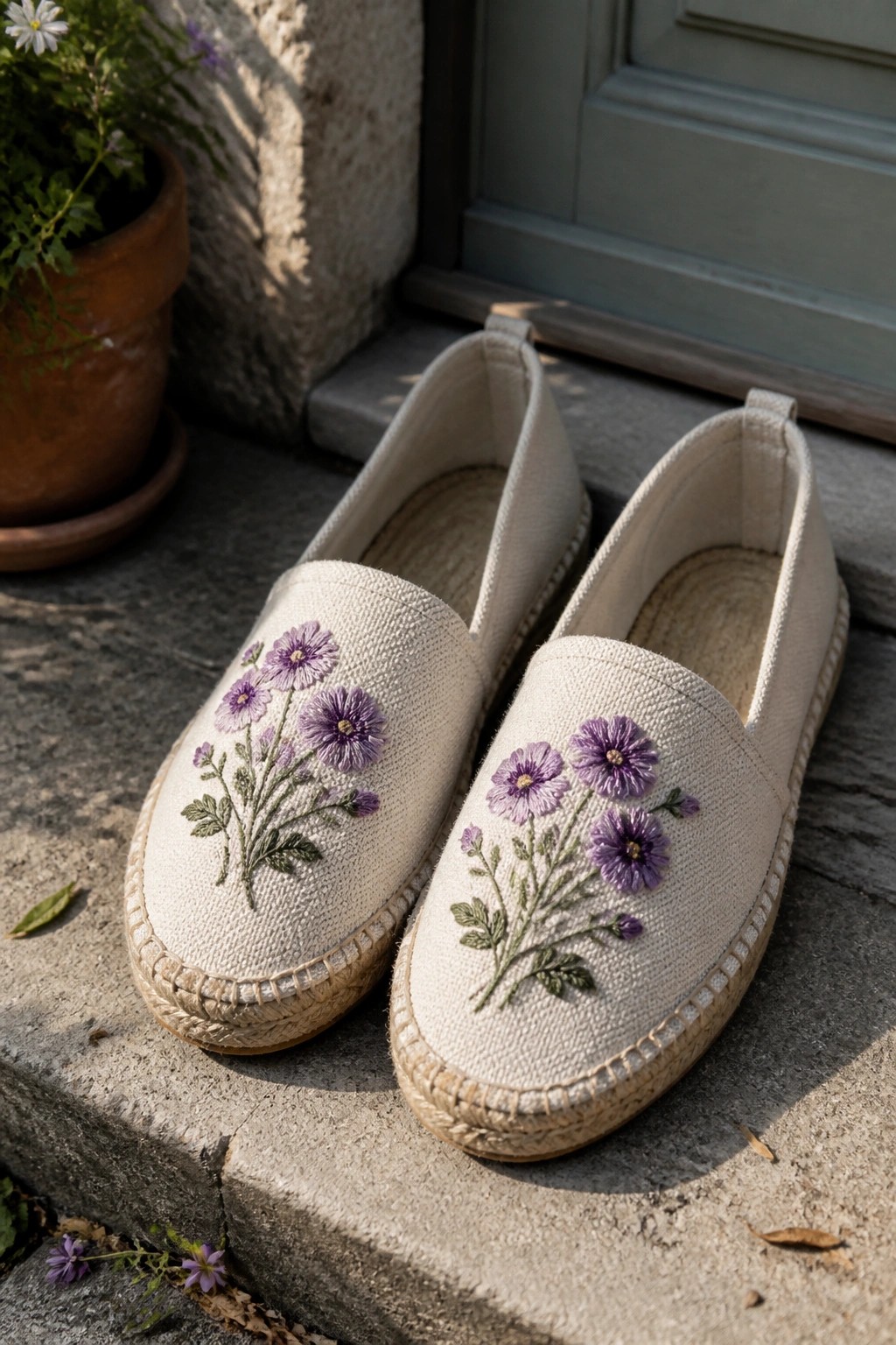 Pair of off-white espadrille shoes with purple embroidered flowers and green stems on the toes.