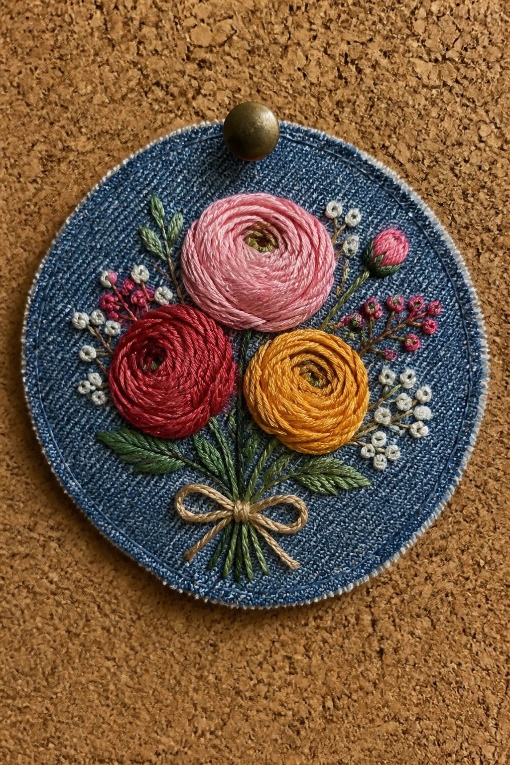 Embroidered pink, red, and orange flowers with leaves and bow on blue denim