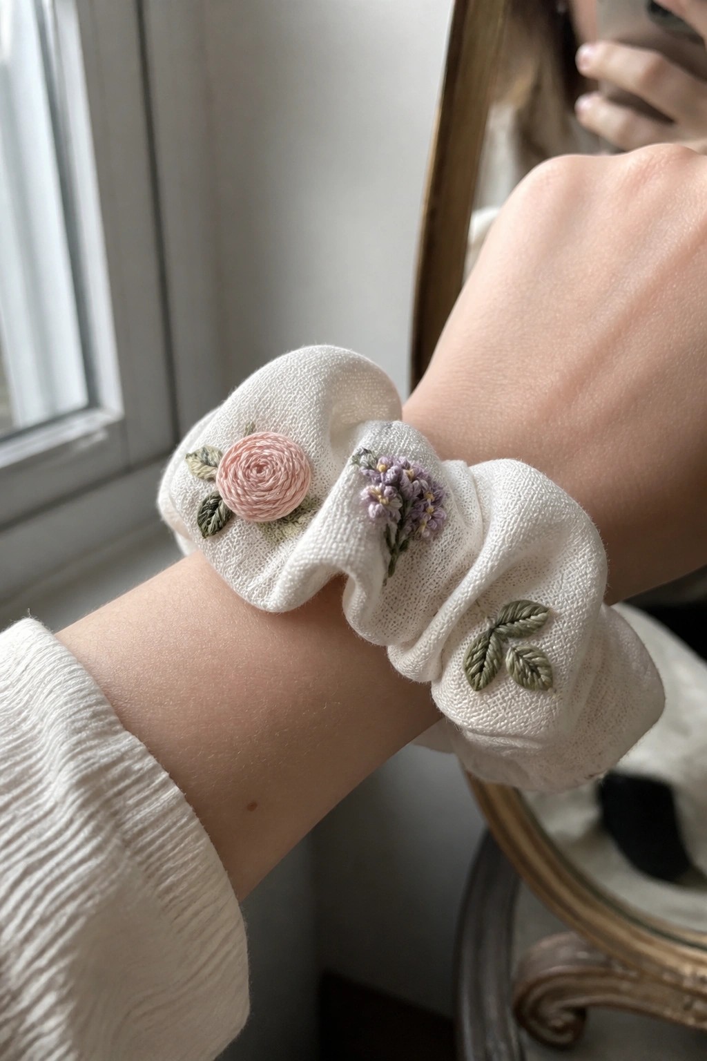 White scrunchie with pink rose, purple flowers, and green leaf embroidery on wrist