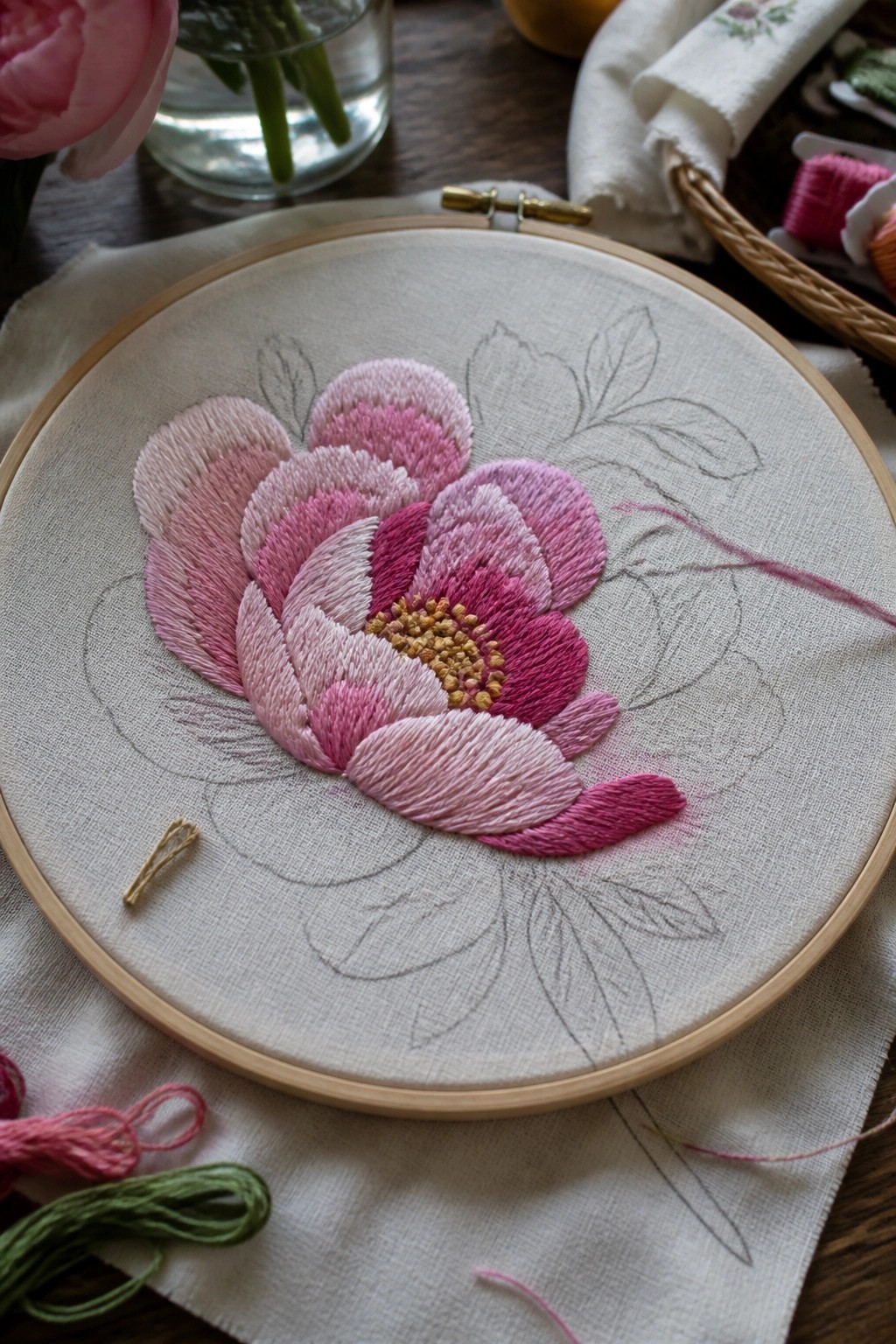 Pink peony embroidery in wooden hoop with loose pink and green threads nearby.