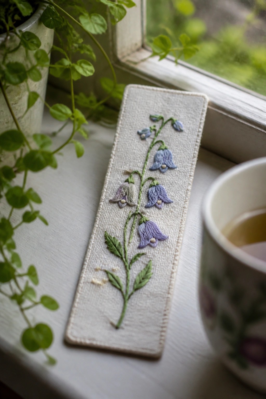 Embroidered bluebell bookmark on windowsill beside potted plant and tea mug