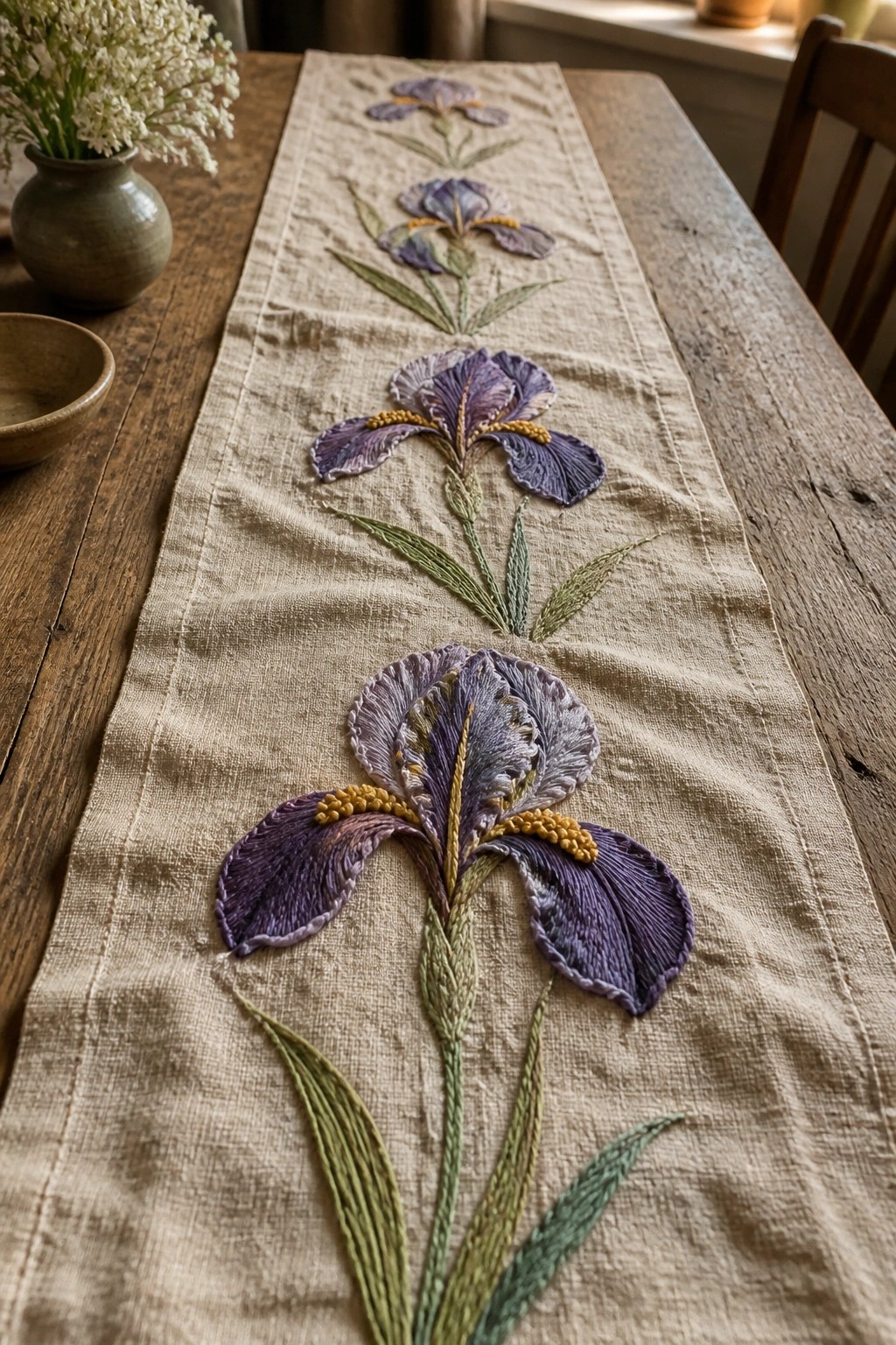 A linen table runner with a vertical line of purple embroidered irises and green leaves centered on a wooden table.