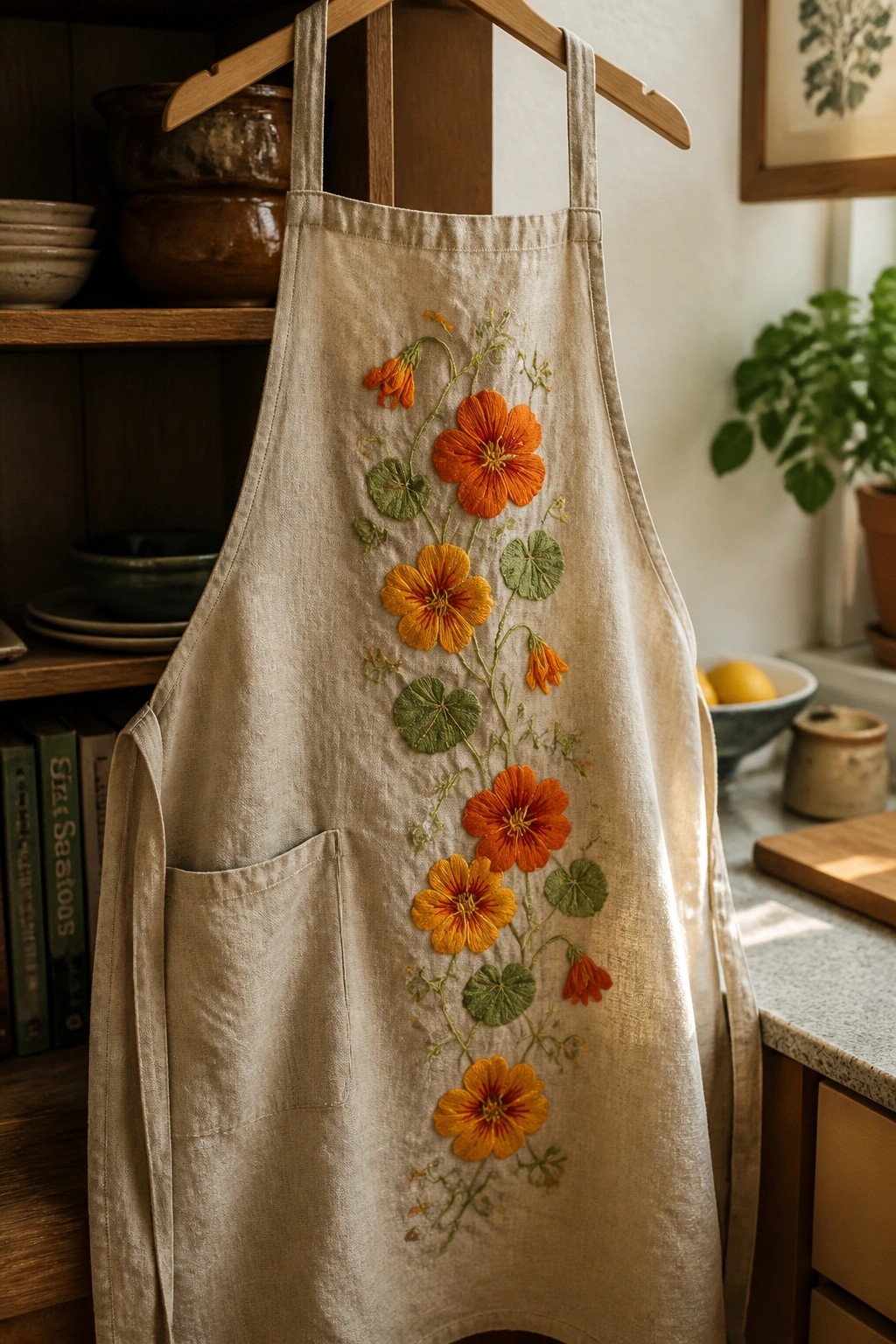 Beige linen apron with orange and yellow embroidered flowers on wooden hanger in kitchen