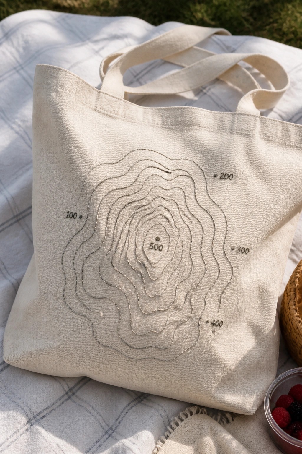 A beige canvas tote bag with embroidered topographic contour lines and elevation numbers resting on a checkered blanket.