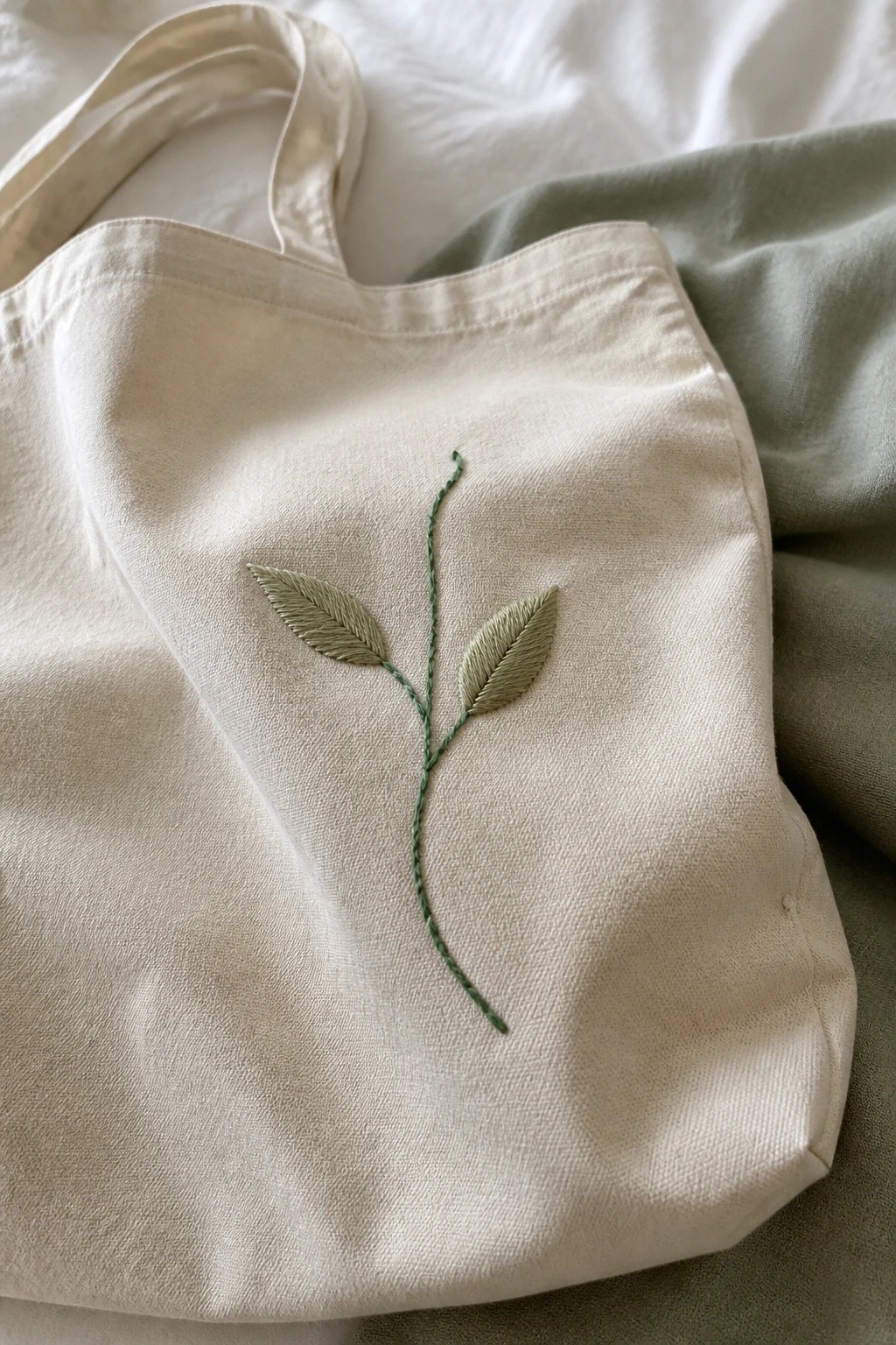 Cream tote bag with green embroidered leaves and stem on white fabric