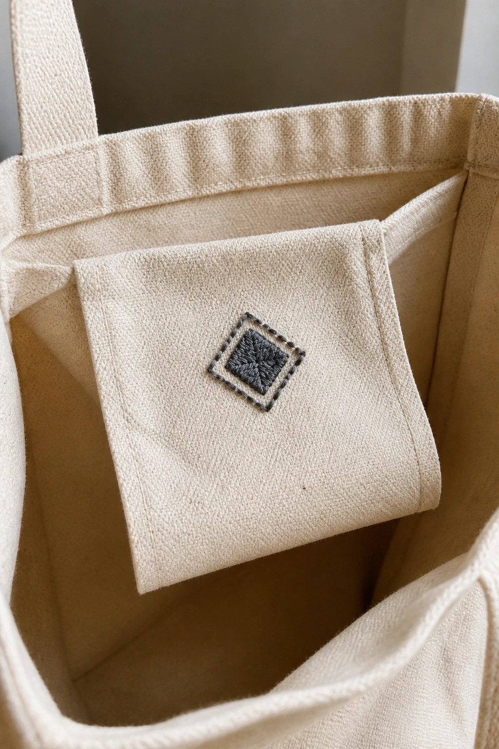 Close-up of a small diamond embroidery patch on the inner pocket flap of a beige canvas tote bag.